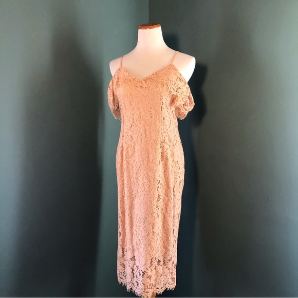 Jess lace open shoulder midi dress , pencil cut, nude by boohoo - Picture 2 of 6